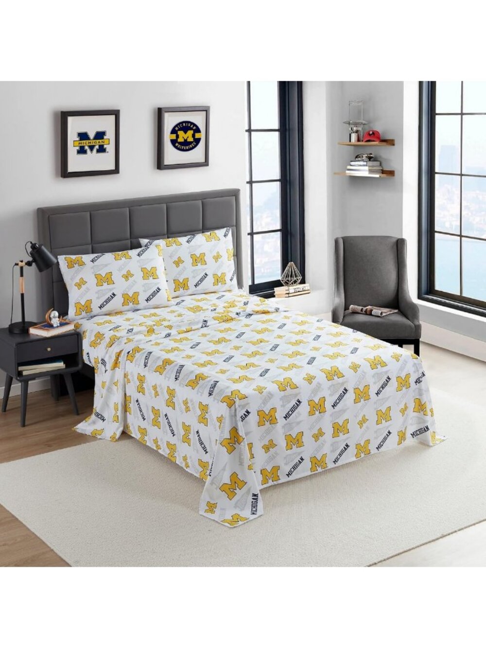 NCAA Twin XL Sheet Set - Michigan Wolverines Team Logo Bedding for Dorms & Game